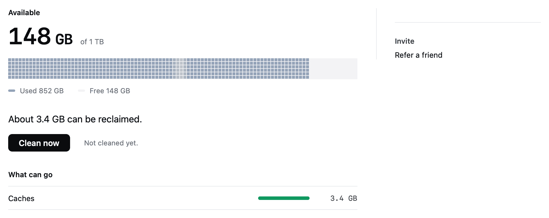 FreeUpDisk on macOS showing 148 GB available of 1 TB and a What can go list with reclaimable sizes.