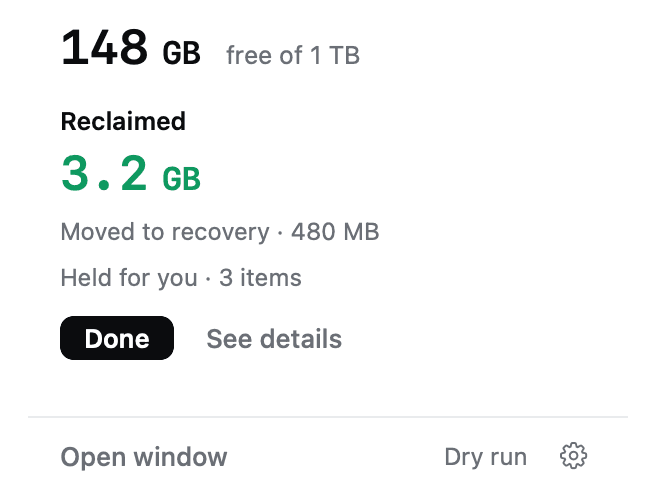 The same FreeUpDisk popover after a cleanup, reporting the space reclaimed.
