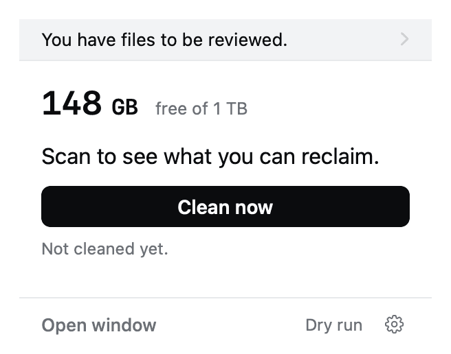 FreeUpDisk notification reading You have files to be reviewed, above a Clean now button.